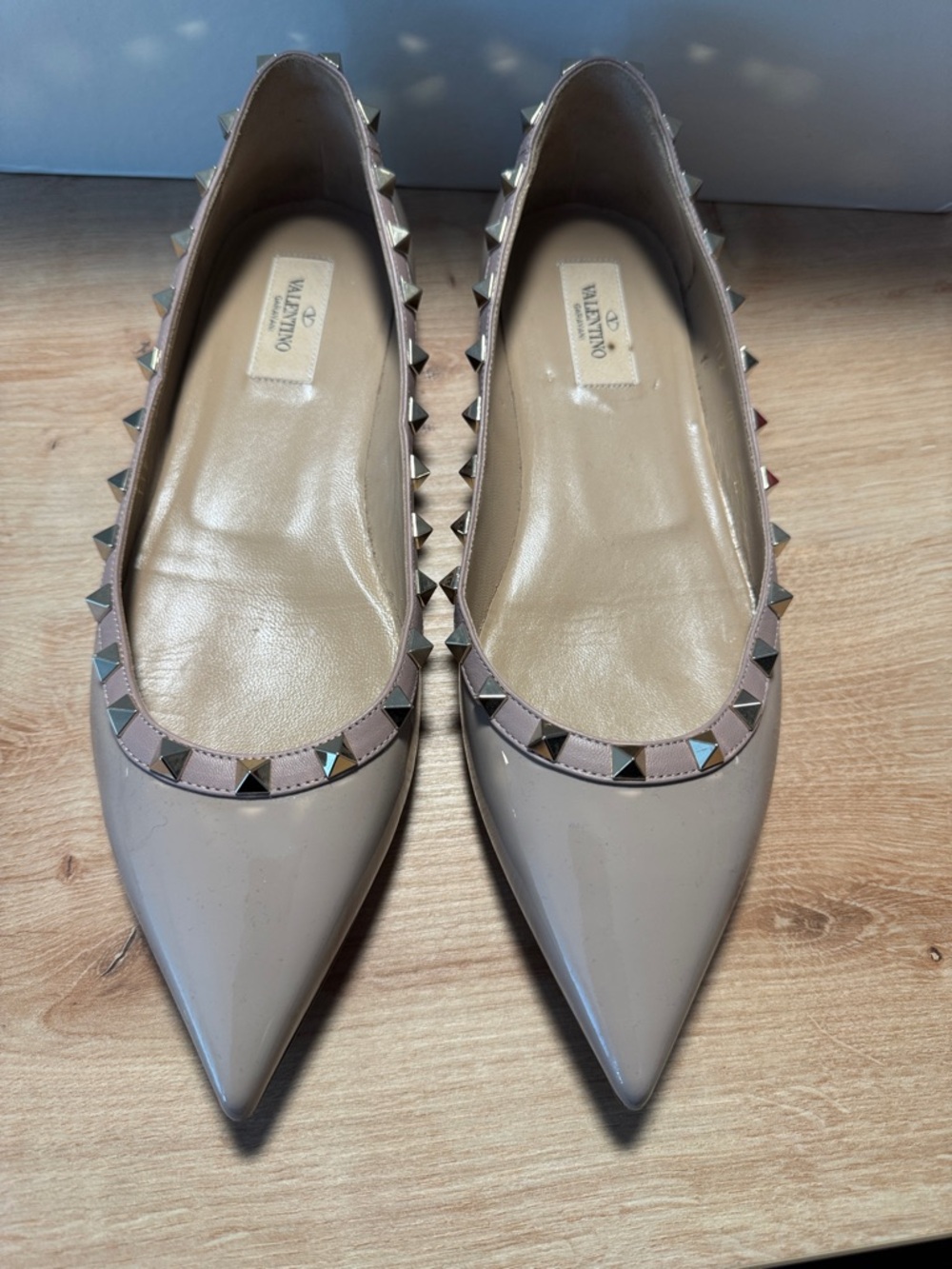 Valentino Taupe Patent Pointed Rockstud Flats